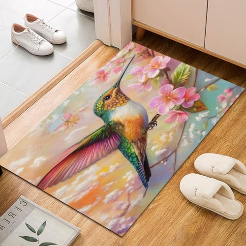 Dyjuaa Kolibri Vogel Fußmatte Schmutzfangmatte 60x90cm, Natur Frühling Blumen Teppich Antirutsch Waschbar, Teppich Kurzflor für Hund, Eingang, Haustür, Balkon, Küche, Flur von Dyjuaa
