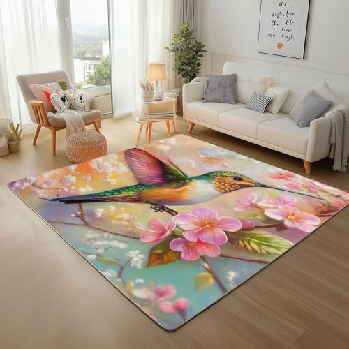 Dyjuaa Kolibri Vogel Waschbarer Teppich 200x280 cm, Natur Frühling Blumen Carpet Wohnzimmer Anti Rutsch Große Teppiche Schlafzimmer Weich Kurzflor Teppiche Matte Kinderteppich von Dyjuaa