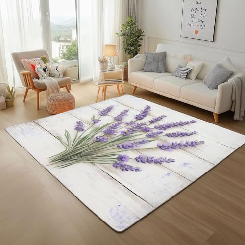 Dyjuaa Lavendel Blumen Teppich Schlafzimmer 120x180 cm, Weiß Holz Textur Waschbarer Teppiche Kinderzimmer Kurzflor Antirutschmatte Carpet Weich für Wohnzimmer Jugendzimmer von Dyjuaa