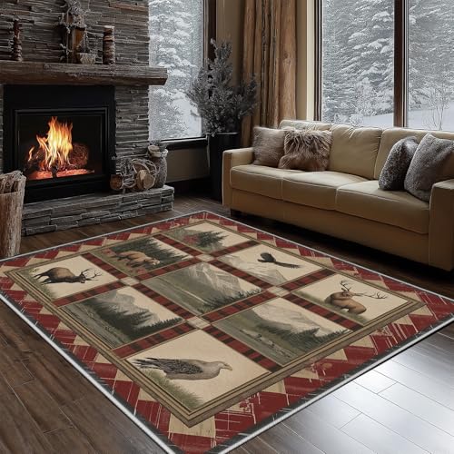 Dyjuaa Lodge Cabin Fußmatte Schmutzfangmatte 60x90cm, Bär Hirsch Rustikale Tiere Teppich Antirutsch Waschbar, Teppich Kurzflor für Hund, Eingang, Haustür, Balkon, Küche, Flur von Dyjuaa