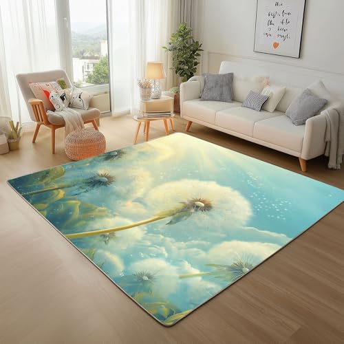 Dyjuaa Löwenzahn Teppich 160x230 cm, Nature Fresh Botanical Carpet Waschbar rutschfest Kurzflor, Teppiche Weich für Schlafzimmer, Wohnzimmer, Esszimmer, Kinderzimmer von Dyjuaa