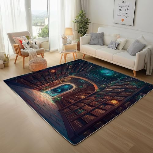Dyjuaa Magie Bibliothek Waschbarer Teppich 200x280 cm, Bücherregal Bücher Carpet Wohnzimmer Anti Rutsch Große Teppiche Schlafzimmer Weich Kurzflor Teppiche Matte Kinderteppich von Dyjuaa