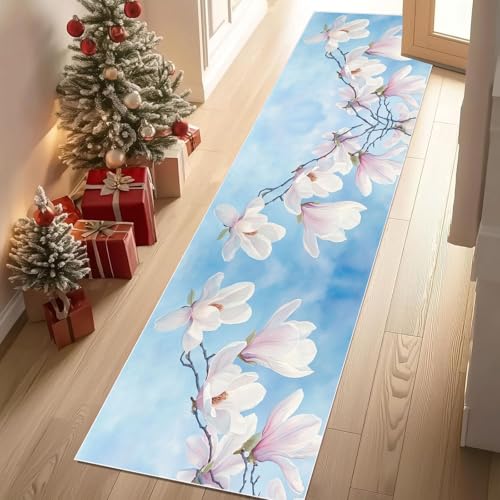 Dyjuaa Magnolie Blüten Teppich Läufer Flur 60x210 cm rutschfest Frühling Natur Blumen Waschbar Weich Kurzflor Küchenläufer Carpet Schlafzimmer Bettvorleger Teppiche für Flur Waschküche von Dyjuaa