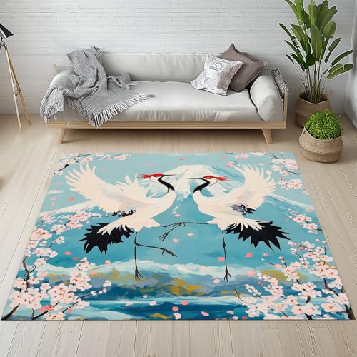 Dyjuaa Mandschurenkranich Kirschblüten Teppich 160x230 cm, Japanische Berg Fuji Carpet Waschbar rutschfest Kurzflor, Teppiche Weich für Schlafzimmer, Wohnzimmer, Esszimmer, Kinderzimmer von Dyjuaa