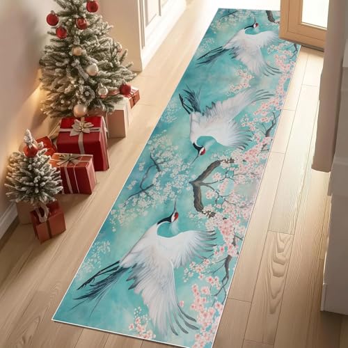 Dyjuaa Mandschurenkranich Kirschblüten Teppich Läufer Flur 60x180 cm rutschfest Chinesischer Stil Waschbar Weich Kurzflor Küchenläufer Carpet Schlafzimmer Bettvorleger Teppiche für Flur Waschküche von Dyjuaa
