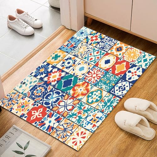 Dyjuaa Marokkanisch Fliesen Fußmatte Schmutzfangmatte 60x90cm, Bohemian Exotisch Stil Teppich Antirutsch Waschbar, Teppich Kurzflor für Hund, Eingang, Haustür, Balkon, Küche, Flur von Dyjuaa