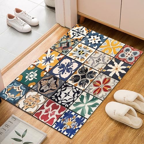 Dyjuaa Marokkanisch Fliesen Spleißen Fußmatte Schmutzfangmatte 60x90cm, Geometrisch Blumenmuster Teppich Antirutsch Waschbar, Teppich Kurzflor für Hund, Eingang, Haustür, Balkon, Küche, Flur von Dyjuaa