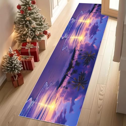 Dyjuaa Meer Sonnenaufgang Teppich Läufer Flur 60x180 cm rutschfest Tropical Meer Palmen Waschbar Weich Kurzflor Küchenläufer Carpet Schlafzimmer Bettvorleger Teppiche für Flur Waschküche von Dyjuaa