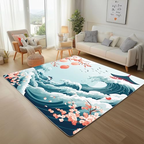 Dyjuaa Meer Welle Kirschblüten Teppich 140x200 cm, Japanische Stil Teppiche Waschbar rutschfest Kurzflor, Carpet Weich für Schlafzimmer, Wohnzimmer, Esszimmer, Kinderzimmer von Dyjuaa