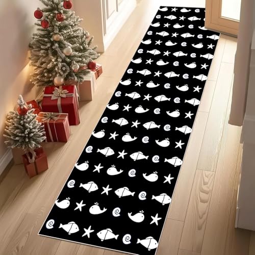 Dyjuaa Meereslebewesen Teppich Läufer Flur 80x300 cm Cartoon Fisch Seestern Muschel Weich Küchenteppich rutschfest Waschbar, Lang Flur Teppiche für Entryway Waschküche Schlafzimmer Wohnzimmer von Dyjuaa