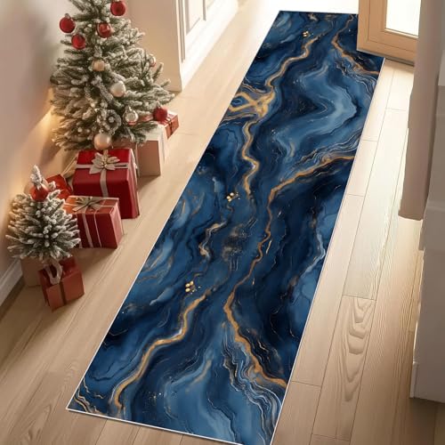 Dyjuaa Modern Abstrakt Marmor Teppich Läufer Flur 80x300 cm Goldenen Adern Weich Küchenteppich rutschfest Waschbar, Lang Flur Teppiche für Entryway Waschküche Schlafzimmer Wohnzimmer von Dyjuaa