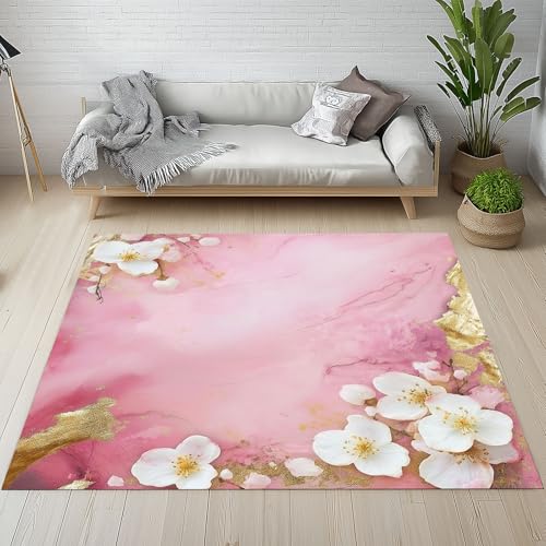 Dyjuaa Modern Romantisch Blumenmuster Waschbarer Teppich 200x280 cm, Rosa Gradient Carpet Wohnzimmer Anti Rutsch Große Teppiche Schlafzimmer Weich Kurzflor Teppiche Matte Kinderteppich von Dyjuaa