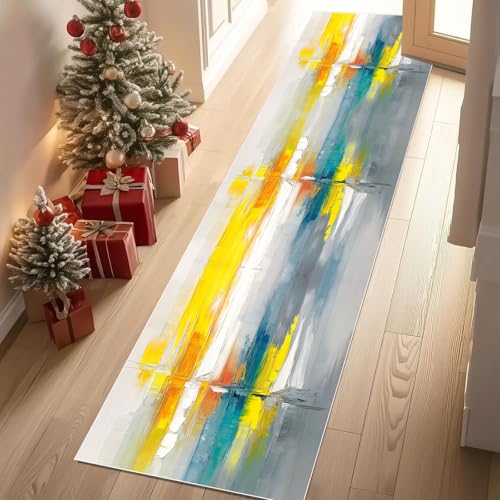 Dyjuaa Moderne Abstract Teppich Läufer Flur 80x300 cm Ölgemälde Pinselstrichen Weich Küchenteppich rutschfest Waschbar, Lang Flur Teppiche für Entryway Waschküche Schlafzimmer Wohnzimmer von Dyjuaa