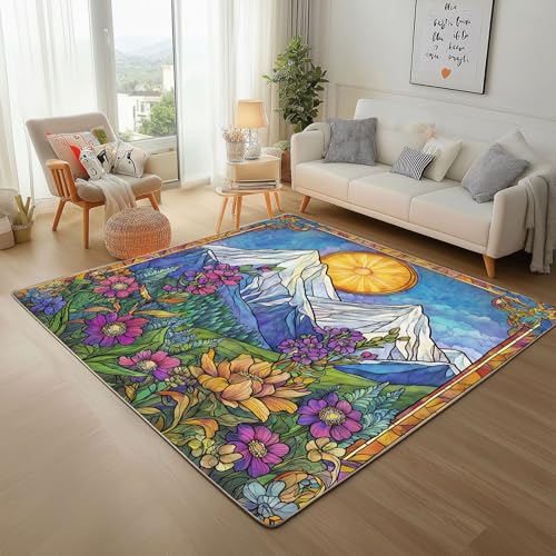 Dyjuaa Natur Landschaft Buntglas Waschbarer Teppich 200x200 cm, Schneeberg Blumen Teppiche Wohnzimmer Anti Rutsch Große Teppiche Schlafzimmer Weich Kurzflor Carpet Matte Kinderteppich Dyjuaa Natur Landschaft Buntglas Waschbarer Teppich 200x200 cm, Schneeberg Blumen Teppiche Wohnzimmer Anti Rutsch Große Teppiche Schlafzimmer Weich Kurzflor Carpet Matte Kinderteppich von Dyjuaa