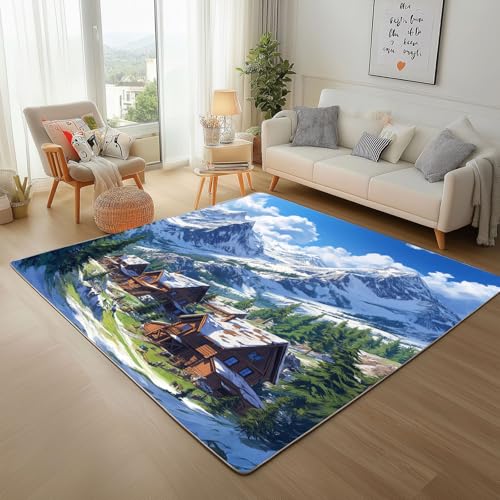 Dyjuaa Natur Landschaft Waschbarer Teppich 200x200 cm, Schneeberg Landhütte Teppiche Wohnzimmer Anti Rutsch Große Teppiche Schlafzimmer Weich Kurzflor Carpet Matte Kinderteppich Dyjuaa Natur Landschaft Waschbarer Teppich 200x200 cm, Schneeberg Landhütte Teppiche Wohnzimmer Anti Rutsch Große Teppiche Schlafzimmer Weich Kurzflor Carpet Matte Kinderteppich von Dyjuaa