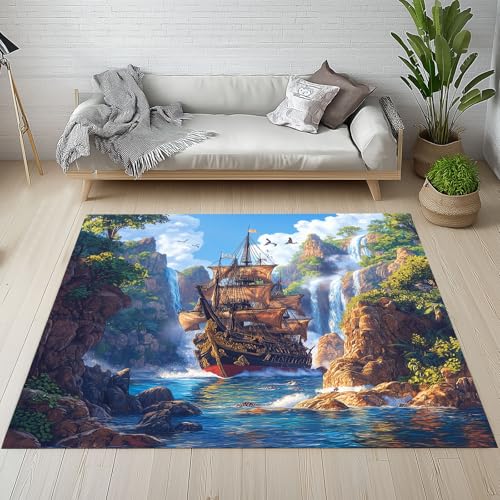Dyjuaa Natur Landschaft Waschbarer Teppich 200x200 cm, Segelboot Wasserfäll Berg Teppiche Wohnzimmer Anti Rutsch Große Teppiche Schlafzimmer Weich Kurzflor Carpet Matte Kinderteppich von Dyjuaa