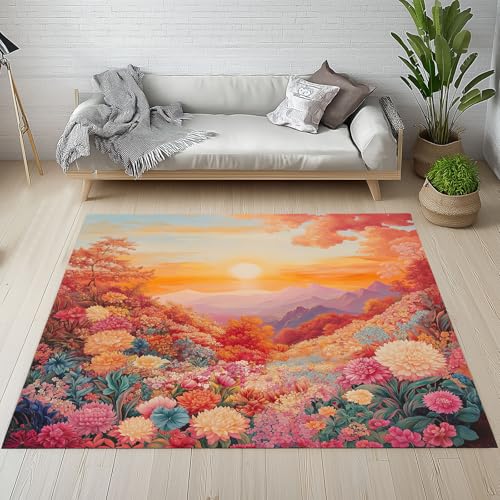 Dyjuaa Natur Landschaft Waschbarer Teppich 200x280 cm, Sonnenaufgang Gebirge Blumen Carpet Wohnzimmer Anti Rutsch Große Teppiche Schlafzimmer Weich Kurzflor Teppiche Matte Kinderteppich von Dyjuaa