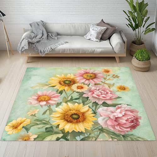 Dyjuaa Natur Pastoral Blumen Waschbarer Teppich 200x200 cm, Sonnenblume Chrysantheme Teppiche Wohnzimmer Anti Rutsch Große Teppiche Schlafzimmer Weich Kurzflor Carpet Matte Kinderteppich von Dyjuaa