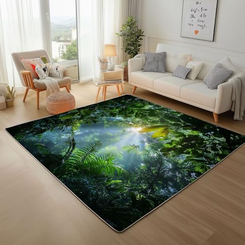 Dyjuaa Natur Scenery Teppich Kurzflor 100x150 cm, Grün Dschungel Botanisch Bettvorleger Weich rutschfest Waschbar, Teppiche für Wohnzimmer, Schlafzimmer, Esszimmer, Kinderzimmer von Dyjuaa