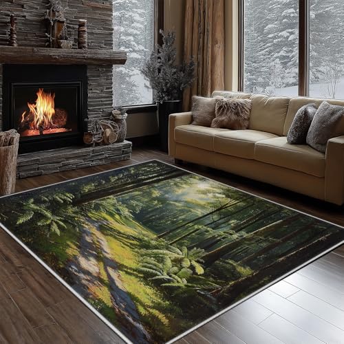 Dyjuaa Natur Scenery Waschbarer Teppich 200x200 cm, Grün Wald Sonnenlicht Teppiche Wohnzimmer Anti Rutsch Große Teppiche Schlafzimmer Weich Kurzflor Carpet Matte Kinderteppich von Dyjuaa