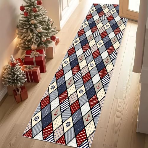 Dyjuaa Nautischer Anker Ruder Teppich Läufer Flur 80x250 cm Geometrie Plaid Spleißen Weich Küchenteppich rutschfest Waschbar, Lang Flur Teppiche für Entryway Waschküche Schlafzimmer Wohnzimmer von Dyjuaa
