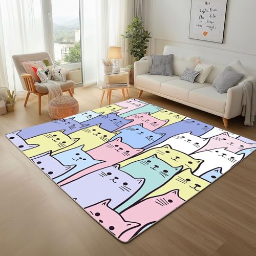 Dyjuaa Nette Kätzchen Teppich 140x200 cm, Karikatur Katze Teppiche Waschbar rutschfest Kurzflor, Carpet Weich für Schlafzimmer, Wohnzimmer, Esszimmer, Kinderzimmer von Dyjuaa