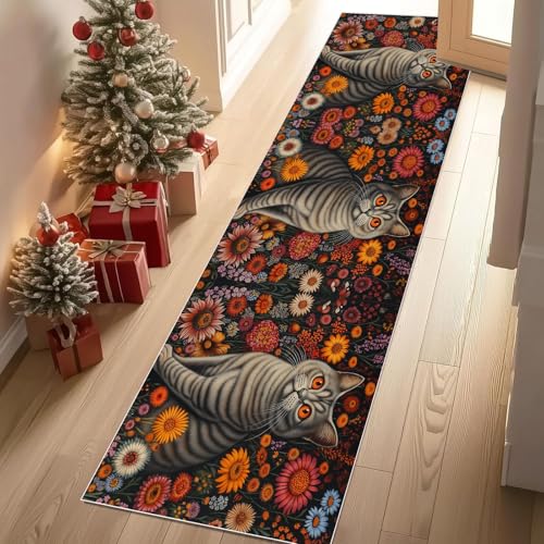 Dyjuaa Nette Katze Waschbar Läufer Teppich Flur Bohemian Blumenmuster Küchen Teppichläufer 60x120 cm Kurzflor rutschfest Carpet für Fußmatte Schlafzimmer Bettvorleger Waschküche Dyjuaa Nette Katze Waschbar Läufer Teppich Flur Bohemian Blumenmuster Küchen Teppichläufer 60x120 cm Kurzflor rutschfest Carpet für Fußmatte Schlafzimmer Bettvorleger Waschküche von Dyjuaa
