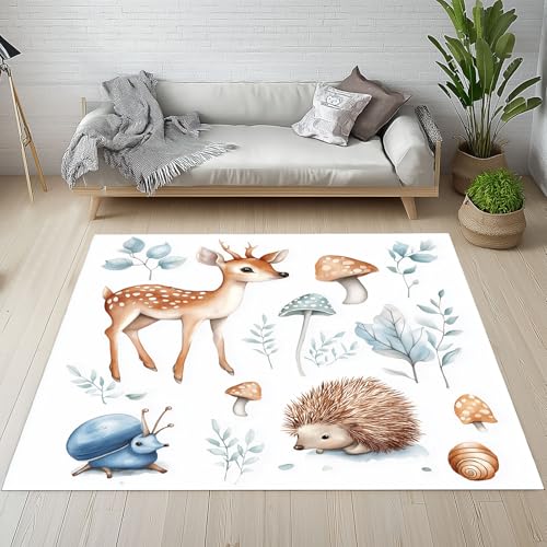 Dyjuaa Nette REH Sikahirsch Igel Teppich Schlafzimmer 120x180 cm, Aquarell Pilz Gras Waschbarer Teppiche Kinderzimmer Kurzflor Antirutschmatte Carpet Weich für Wohnzimmer Jugendzimmer von Dyjuaa