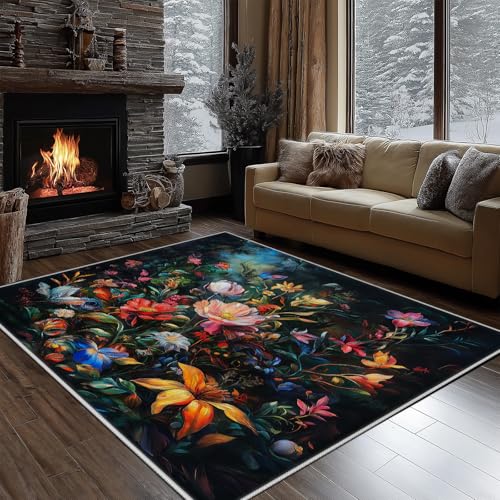 Dyjuaa Ölgemälde Blumen Waschbarer Teppich 200x280 cm, Romantisch Natur Blüten Carpet Wohnzimmer Anti Rutsch Große Teppiche Schlafzimmer Weich Kurzflor Teppiche Matte Kinderteppich von Dyjuaa