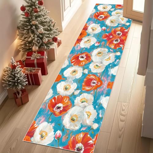 Dyjuaa Ölgemälde Mohn Blume Teppich Läufer Flur 80x300 cm Pastoral Botanisch Weich Küchenteppich rutschfest Waschbar, Lang Flur Teppiche für Entryway Waschküche Schlafzimmer Wohnzimmer von Dyjuaa