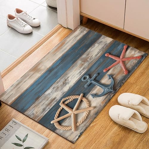 Dyjuaa Ozean Anker Seestern Fußmatte Schmutzfangmatte 60x90cm, Holz Textur Streifen Teppich Antirutsch Waschbar, Teppich Kurzflor für Hund, Eingang, Haustür, Balkon, Küche, Flur von Dyjuaa
