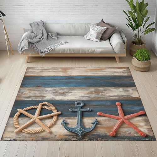 Dyjuaa Ozean Anker Seestern Teppich Schlafzimmer 120x180 cm, Holz Textur Streifen Waschbarer Teppiche Kinderzimmer Kurzflor Antirutschmatte Carpet Weich für Wohnzimmer Jugendzimmer von Dyjuaa