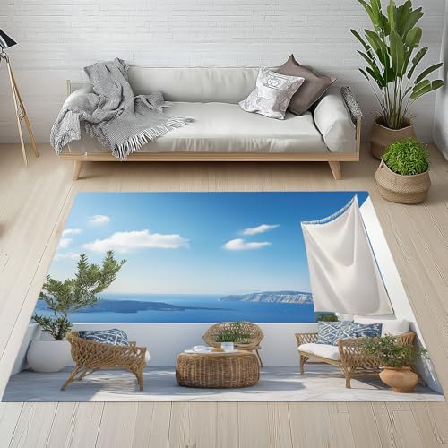 Dyjuaa Ozean Insel Waschbarer Teppich 200x280 cm, Natur Landschaft Carpet Wohnzimmer Anti Rutsch Große Teppiche Schlafzimmer Weich Kurzflor Teppiche Matte Kinderteppich von Dyjuaa