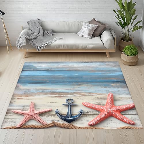 Dyjuaa Ozean Strand Anker Seestern Waschbarer Teppich 200x280 cm, Vintage Holz Optik Carpet Wohnzimmer Anti Rutsch Große Teppiche Schlafzimmer Weich Kurzflor Teppiche Matte Kinderteppich von Dyjuaa