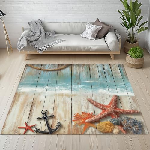 Dyjuaa Ozean Wellen Anker Seestern Waschbarer Teppich 200x200 cm, Vintage Holz Optik Teppiche Wohnzimmer Anti Rutsch Große Teppiche Schlafzimmer Weich Kurzflor Carpet Matte Kinderteppich Dyjuaa Ozean Wellen Anker Seestern Waschbarer Teppich 200x200 cm, Vintage Holz Optik Teppiche Wohnzimmer Anti Rutsch Große Teppiche Schlafzimmer Weich Kurzflor Carpet Matte Kinderteppich von Dyjuaa