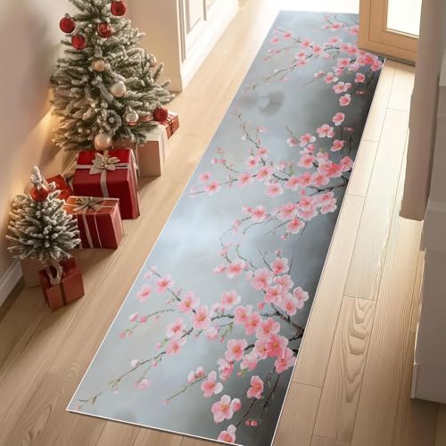 Dyjuaa Pflaumenblüte Zweige Teppich Läufer Flur 80x250 cm Chinesischer Tuschemalerei Weich Küchenteppich rutschfest Waschbar, Lang Flur Teppiche für Entryway Waschküche Schlafzimmer Wohnzimmer von Dyjuaa
