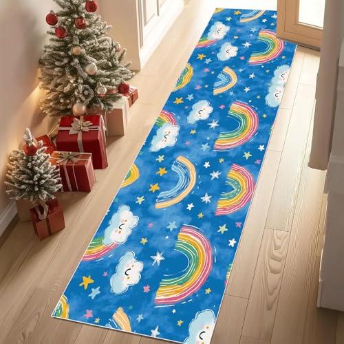 Dyjuaa Regenbogen Stern Teppich Läufer Flur 60x180 cm rutschfest Cartoon Wolken Waschbar Weich Kurzflor Küchenläufer Carpet Schlafzimmer Bettvorleger Teppiche für Flur Waschküche von Dyjuaa