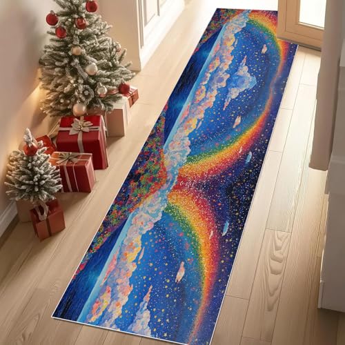 Dyjuaa Regenbogen Stern Wolken Waschbar Läufer Teppich Flur Ölgemälde Sternenhimmel Küchen Teppichläufer 60x150 cm Kurzflor rutschfest Carpet für Fußmatte Schlafzimmer Bettvorleger Waschküche von Dyjuaa