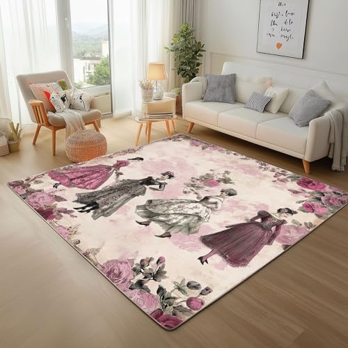 Dyjuaa Retro Balletttänzerin Teppich 160x230 cm, Romantisch Rose Blumen Carpet Waschbar rutschfest Kurzflor, Teppiche Weich für Schlafzimmer, Wohnzimmer, Esszimmer, Kinderzimmer von Dyjuaa