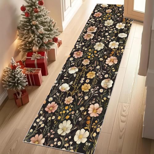 Dyjuaa Retro Kraut Pflanzen Blumen Waschbar Läufer Teppich Flur Rustikal Wildblumen Küchen Teppichläufer 60x150 cm Kurzflor rutschfest Carpet für Fußmatte Schlafzimmer Bettvorleger Waschküche von Dyjuaa
