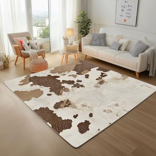 Dyjuaa Rindsleder-Druck Waschbarer Teppich 200x280 cm, Western Rustikales Kuhfell-Muster Carpet Wohnzimmer Anti Rutsch Große Teppiche Schlafzimmer Weich Kurzflor Teppiche Matte Kinderteppich von Dyjuaa