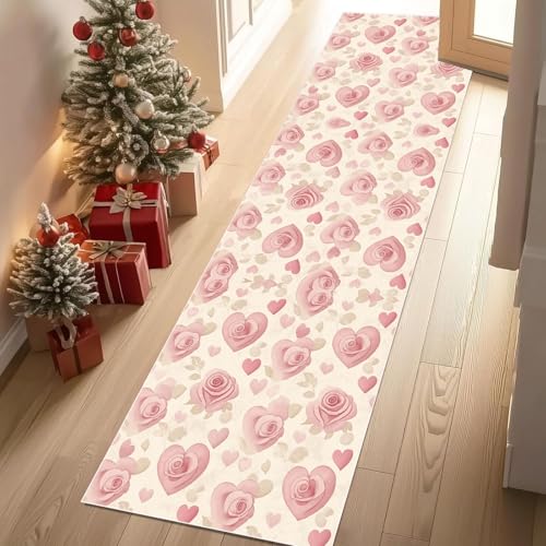 Dyjuaa Romantisch Rose Blumen Teppich Läufer Flur 60x180 cm rutschfest Herzmuster Blumenmuster Waschbar Weich Kurzflor Küchenläufer Carpet Schlafzimmer Bettvorleger Teppiche für Flur Waschküche von Dyjuaa