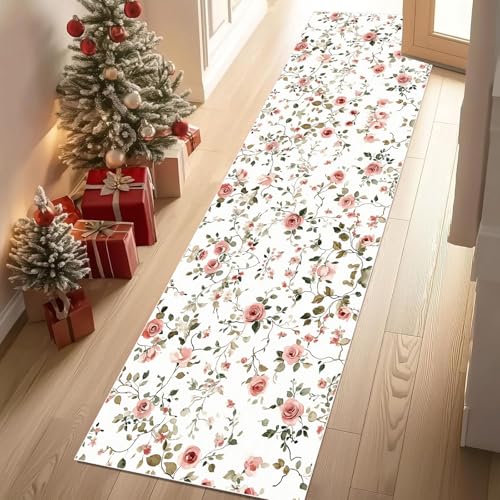 Dyjuaa Romantisch Rose Garten Teppich Läufer Flur 60x210 cm rutschfest Natur Pastoral Blumen Waschbar Weich Kurzflor Küchenläufer Carpet Schlafzimmer Bettvorleger Teppiche für Flur Waschküche von Dyjuaa
