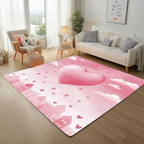 Dyjuaa Rosa Herzen Teppich 140x200 cm, Romantisch Liebe Teppiche Waschbar rutschfest Kurzflor, Carpet Weich für Schlafzimmer, Wohnzimmer, Esszimmer, Kinderzimmer von Dyjuaa