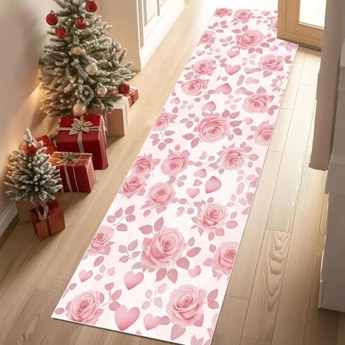 Dyjuaa Rosa Rose Blumen Blätter Waschbar Läufer Teppich Flur Romantisch Herzen Küchen Teppichläufer 60x120 cm Kurzflor rutschfest Carpet für Fußmatte Schlafzimmer Bettvorleger Waschküche von Dyjuaa