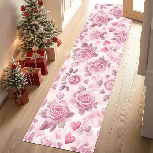 Dyjuaa Rosa Rose Blumen Teppich Läufer Flur 60x210 cm rutschfest Romantisch Herzmuster Waschbar Weich Kurzflor Küchenläufer Carpet Schlafzimmer Bettvorleger Teppiche für Flur Waschküche von Dyjuaa