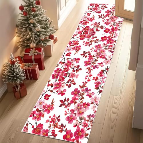 Dyjuaa Rot Blumenmuster Waschbar Läufer Teppich Flur Blumen in Voller Blüte Küchen Teppichläufer 60x120 cm Kurzflor rutschfest Carpet für Fußmatte Schlafzimmer Bettvorleger Waschküche von Dyjuaa