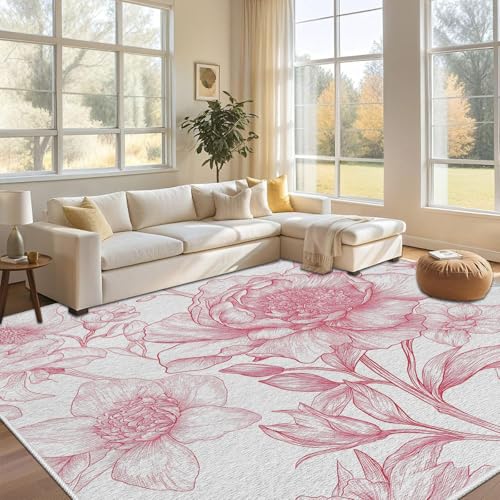 Dyjuaa Rot Blumenmuster Waschbarer Teppich 200x280 cm, Elegant Blumen Carpet Wohnzimmer Anti Rutsch Große Teppiche Schlafzimmer Weich Kurzflor Teppiche Matte Kinderteppich von Dyjuaa