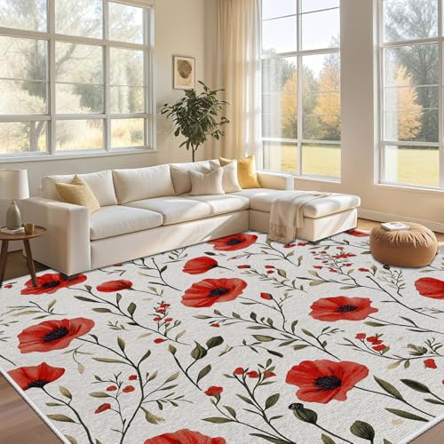 Dyjuaa Rot Mohnblume Waschbarer Teppich 200x200 cm, Botanisch Mohn Teppiche Wohnzimmer Anti Rutsch Große Teppiche Schlafzimmer Weich Kurzflor Carpet Matte Kinderteppich von Dyjuaa