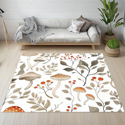 Dyjuaa Rustikal Kraut Pilz Waschbarer Teppich 200x200 cm, Natur Wald Botanisch Teppiche Wohnzimmer Anti Rutsch Große Teppiche Schlafzimmer Weich Kurzflor Carpet Matte Kinderteppich von Dyjuaa